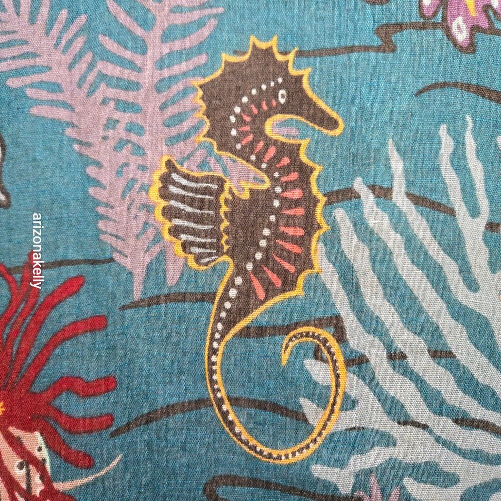 NWT Spartina 447 Linen Blend Scarf w/ Undersea Scene Mermaid Jellyfish, Seahorse - Picture 6 of 12